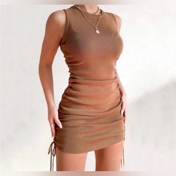 Lioness Tan Military Minds Ruched Ribbed Drawstring Mini Dress - Picture 5 of 9